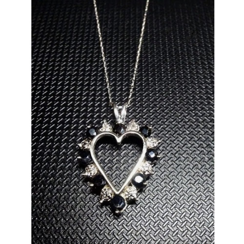 Pure 10k 9k White Gold Natural Midnight Sapphires Heart Pendant Necklace 18"